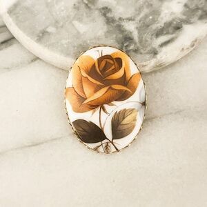 Vintage Rose Brooch Pin Transfer Design Brown Gold Toned Metal‎ Cabochon Regency